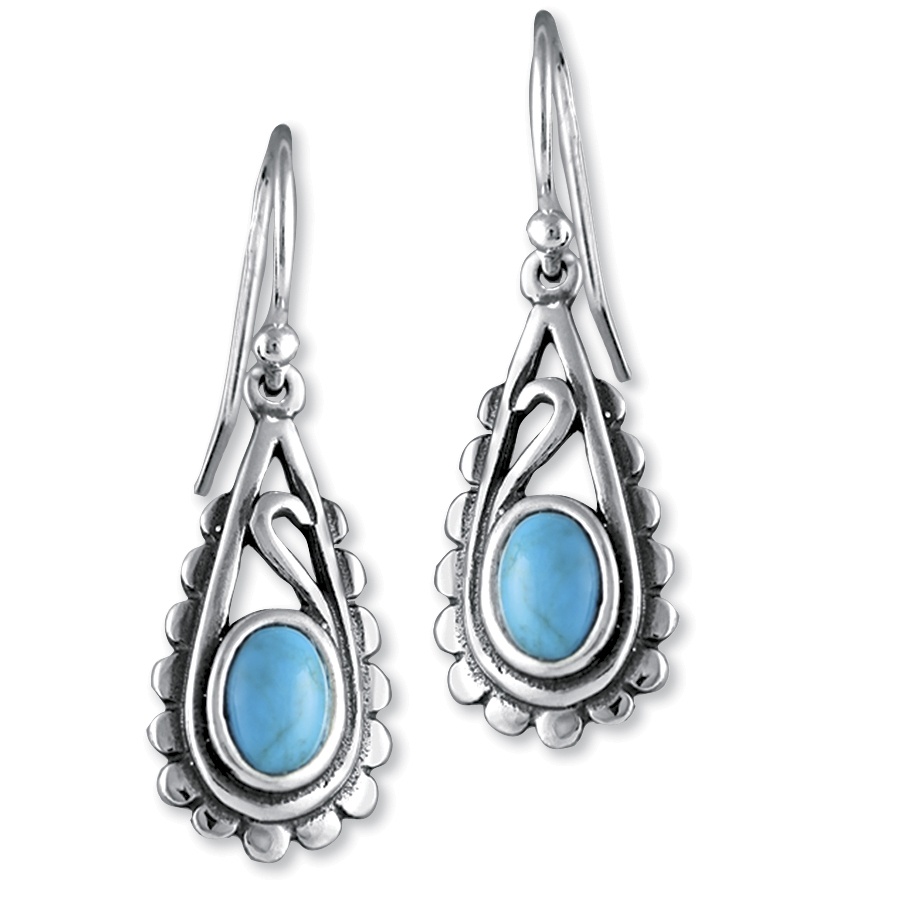 Turquoise Cabochon Drop Pierced Earrings in Antiqued Sterling Silver