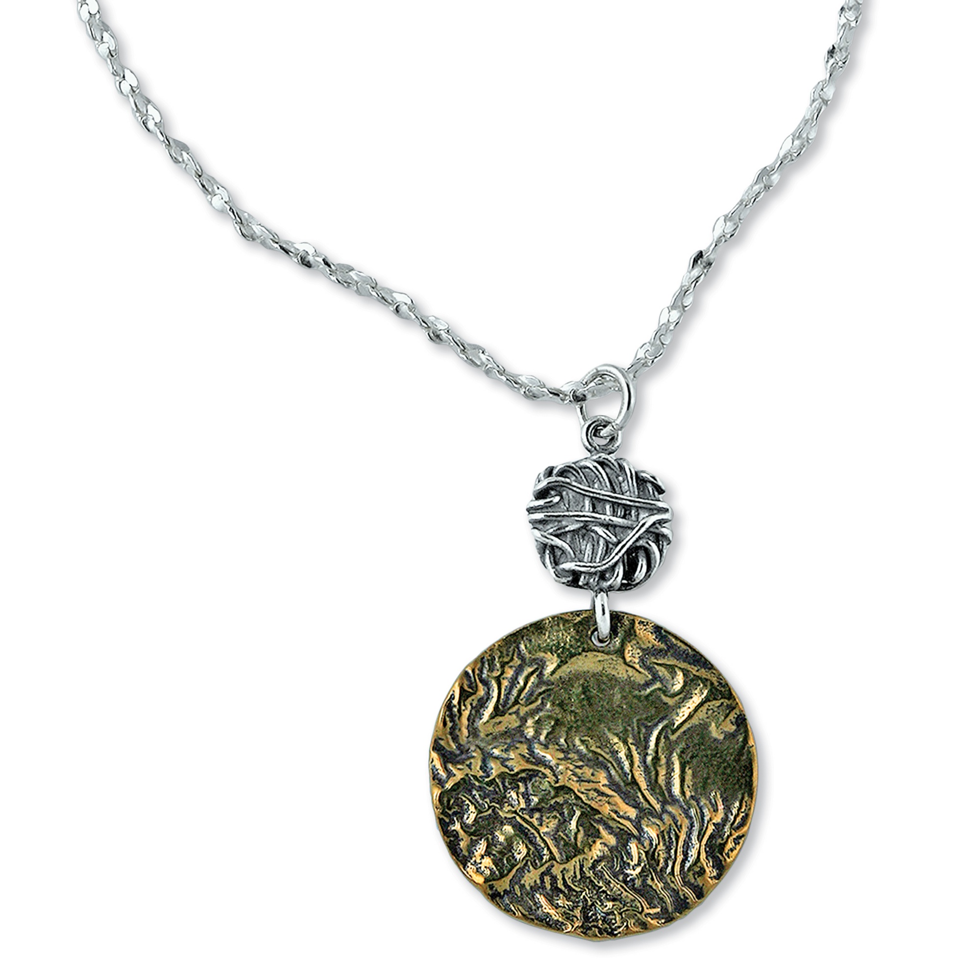 Mixed Metal Textured Disk Pendant-Necklace in Sterling Silver