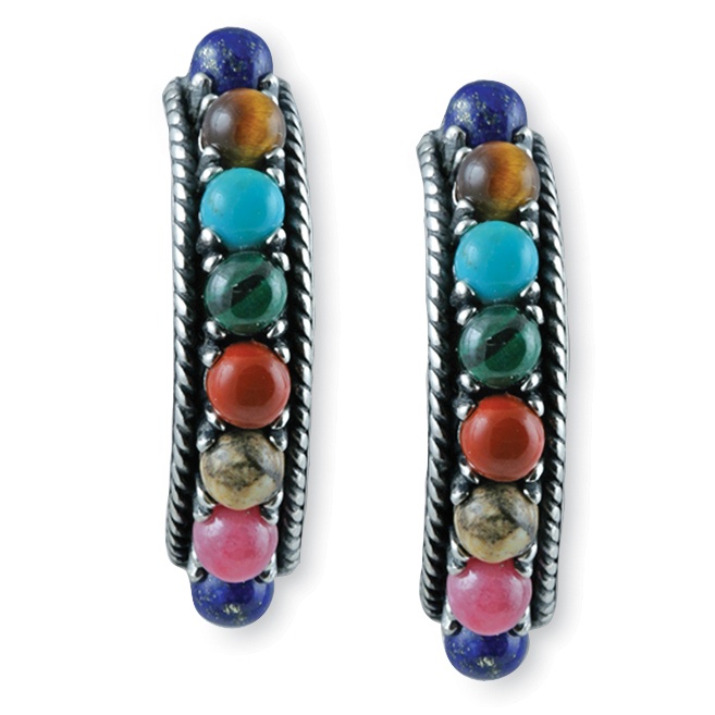 Multi-Gemstone Semi-Hoop Pierced Earrings in Antiqued Sterling Silver