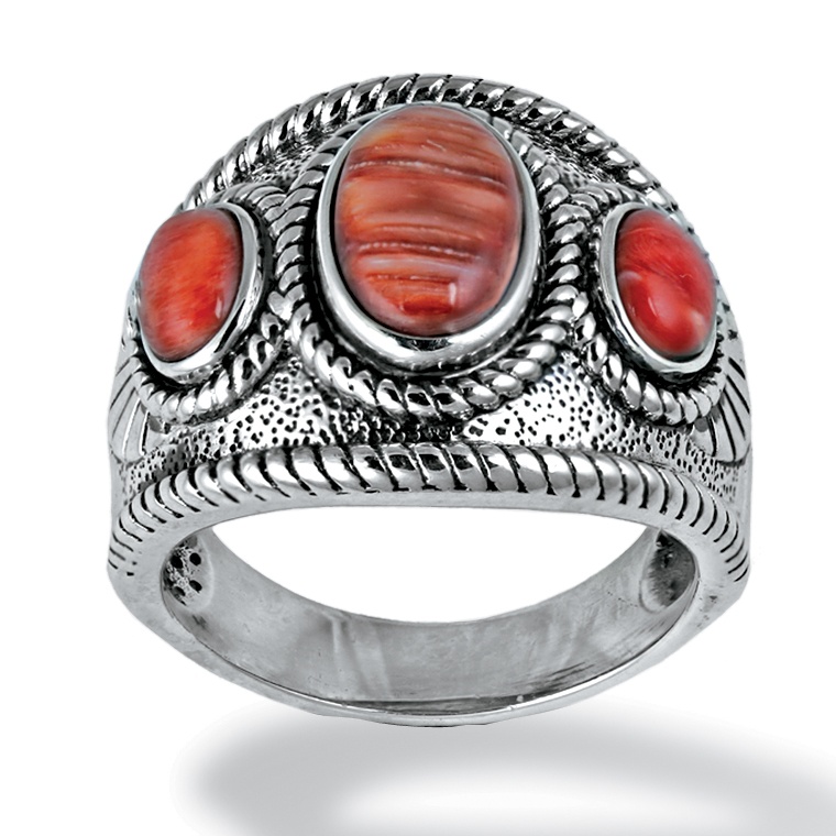 Coral and Spiny Oyster Cabochon Ring in Antiqued Sterling Silver