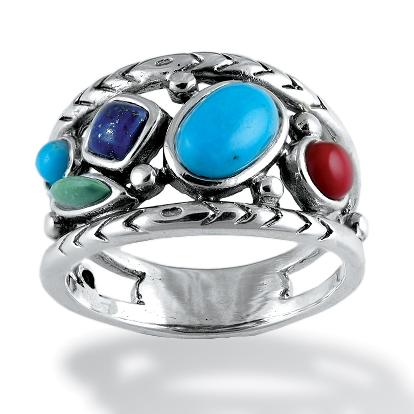 Turquoise, Lapis Lazuli and Coral Gemstone Geometric Ring in Antiqued ...