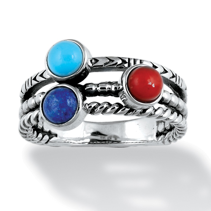 Turquoise, Lapis Lazuli and Coral Textured Ring in Antiqued Sterling Silver