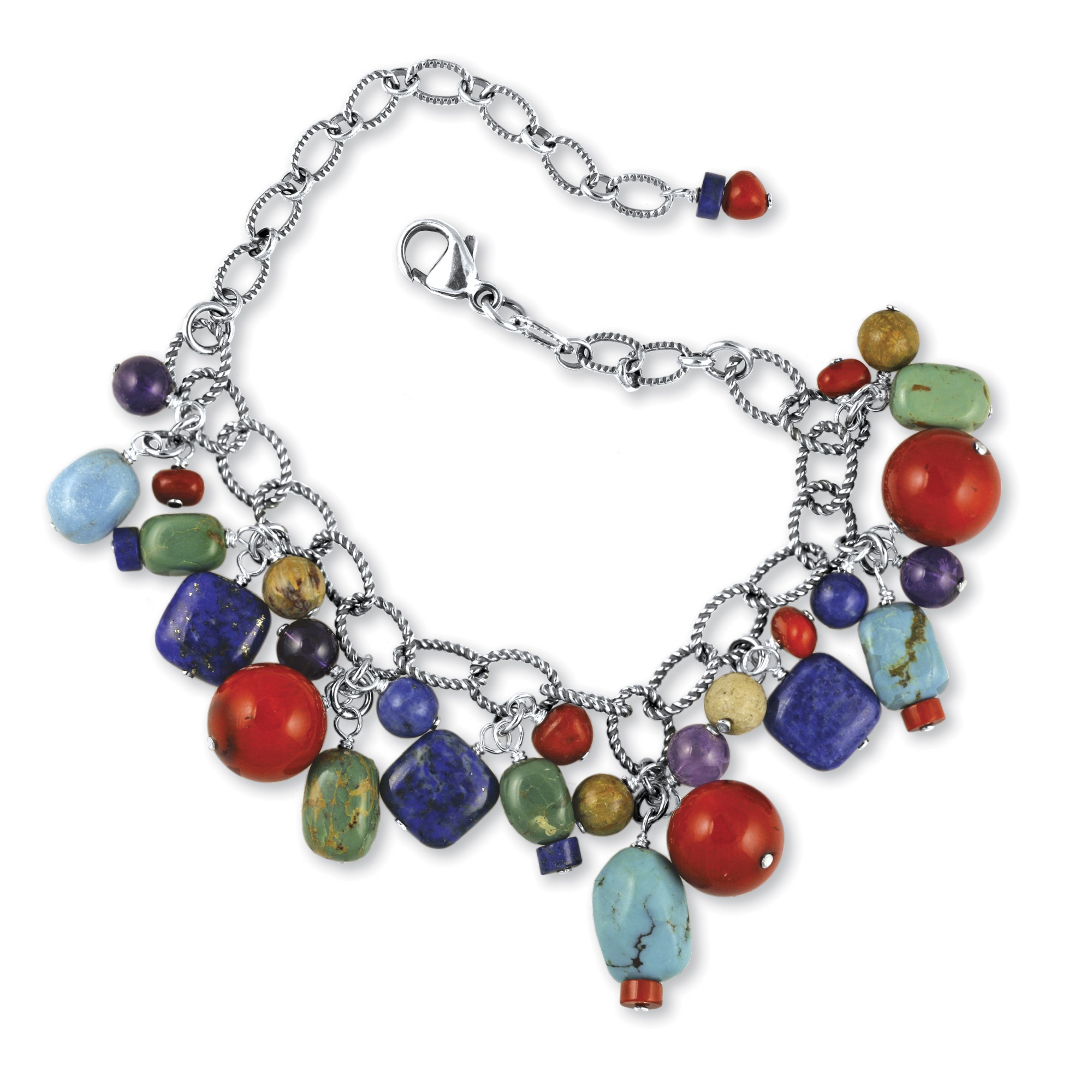 Multi-Gemstone Textured Cable-Link Charm Bracelet in Antiqued Sterling Silver