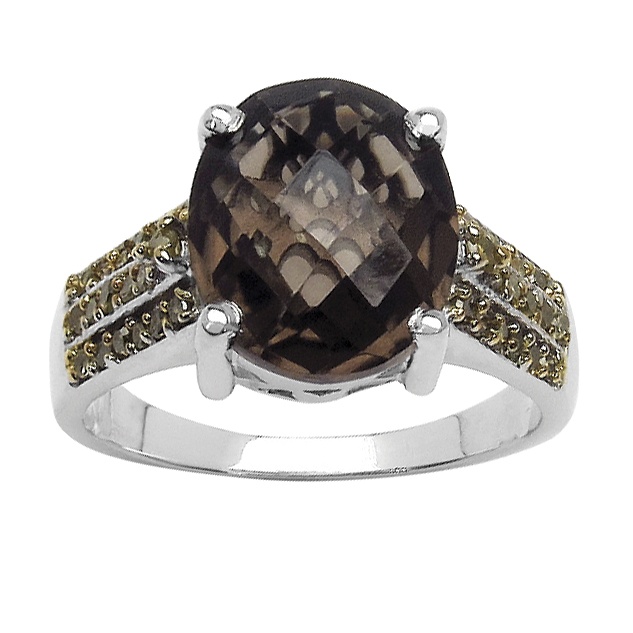 4.15 CT Smoky Quartz and 1/3 CT TW Yellow Diamond Ring in Sterling Silver