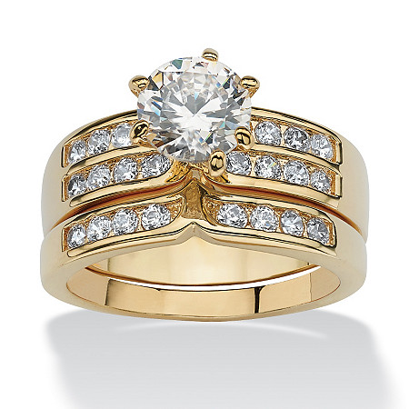... TCW 2 Piece Round Cubic Zirconia Bridal Ring Set in Yellow Gold Tone