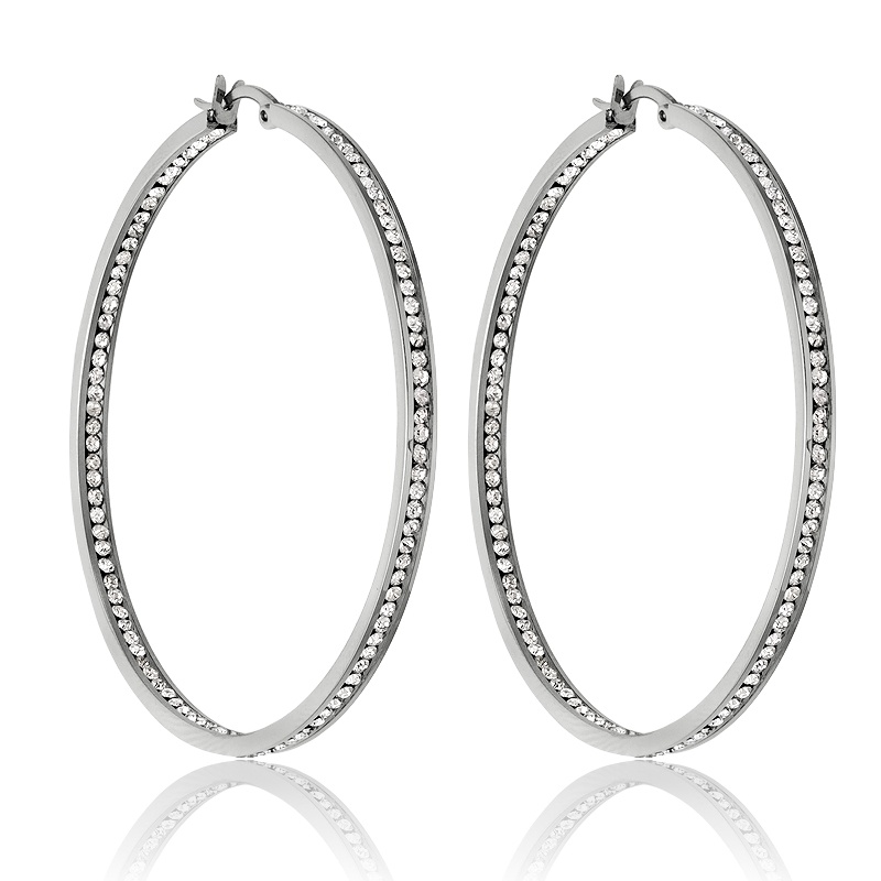 Round Crystal Inside-Out Hoop Pierced Earrings in Stainless Steel 2 1/3"...