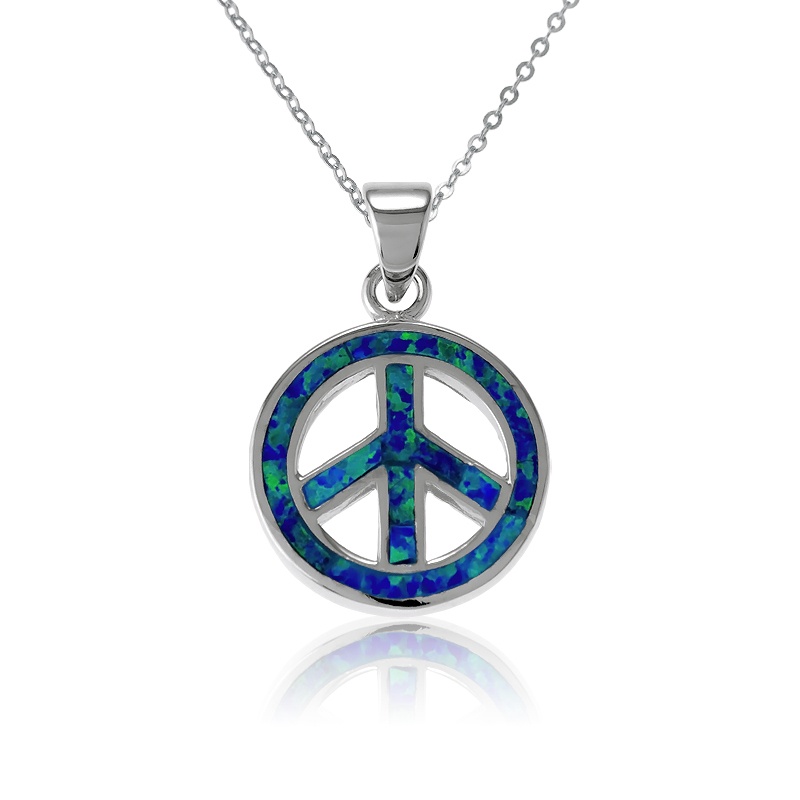 Blue Lab-Created Opal Peace Sign Pendant and Chain in Sterling Silver