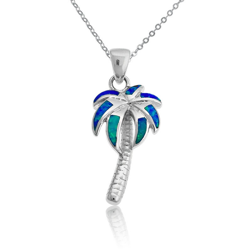 Blue Lab-Created Opal Palm Tree Pendant and Chain in Sterling Silver