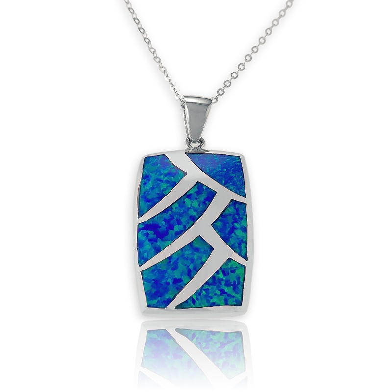 Blue Lab-Created Opal Inlaid Rectangular Pendant and Chain in Sterling Silver