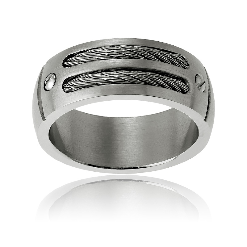 Men's Cable and Nail-Head Band Ring in Stainless Steel