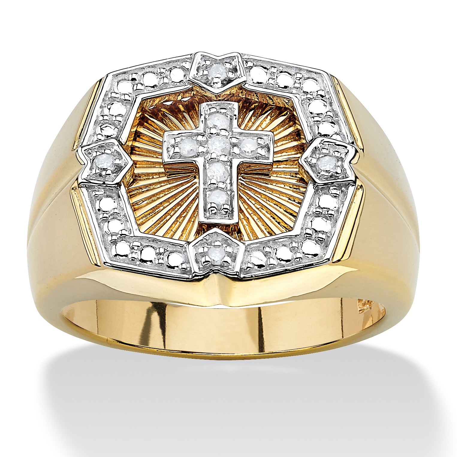 Men's 1/10 CT TW Diamond Cross Ring in Tutone 18k Gold over Sterling Silver