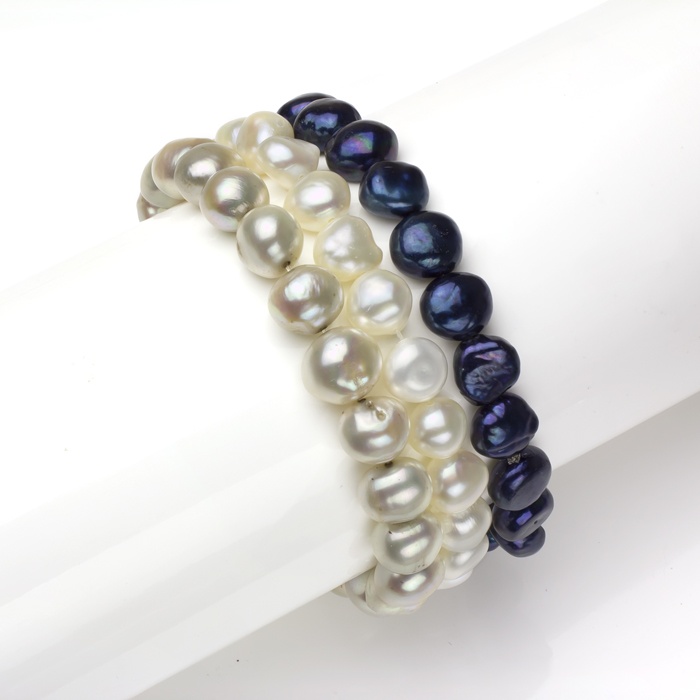 Set of Three Cultured Freshwater Pearl Stretch Bracelets in Blue, White and Grey