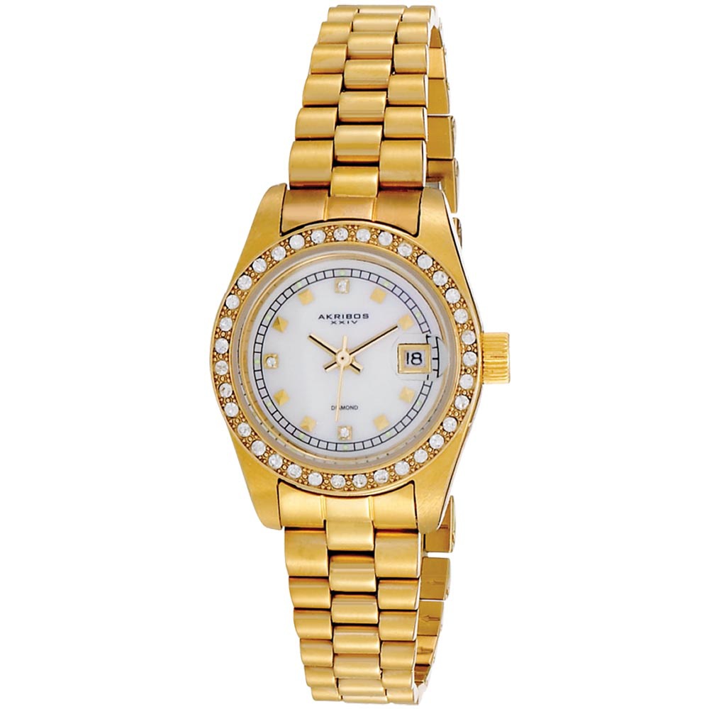Akribos XXIV Diamond Accent and Crystal Bezel Bracelet-Watch in 14k Gold-Plated