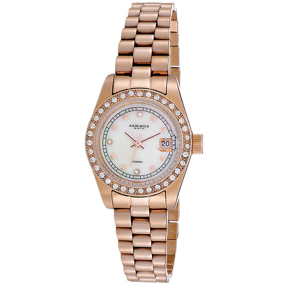 Akribos XXIV Diamond Accent and Crystal Bezel Bracelet-Watch in 14k Rose ...