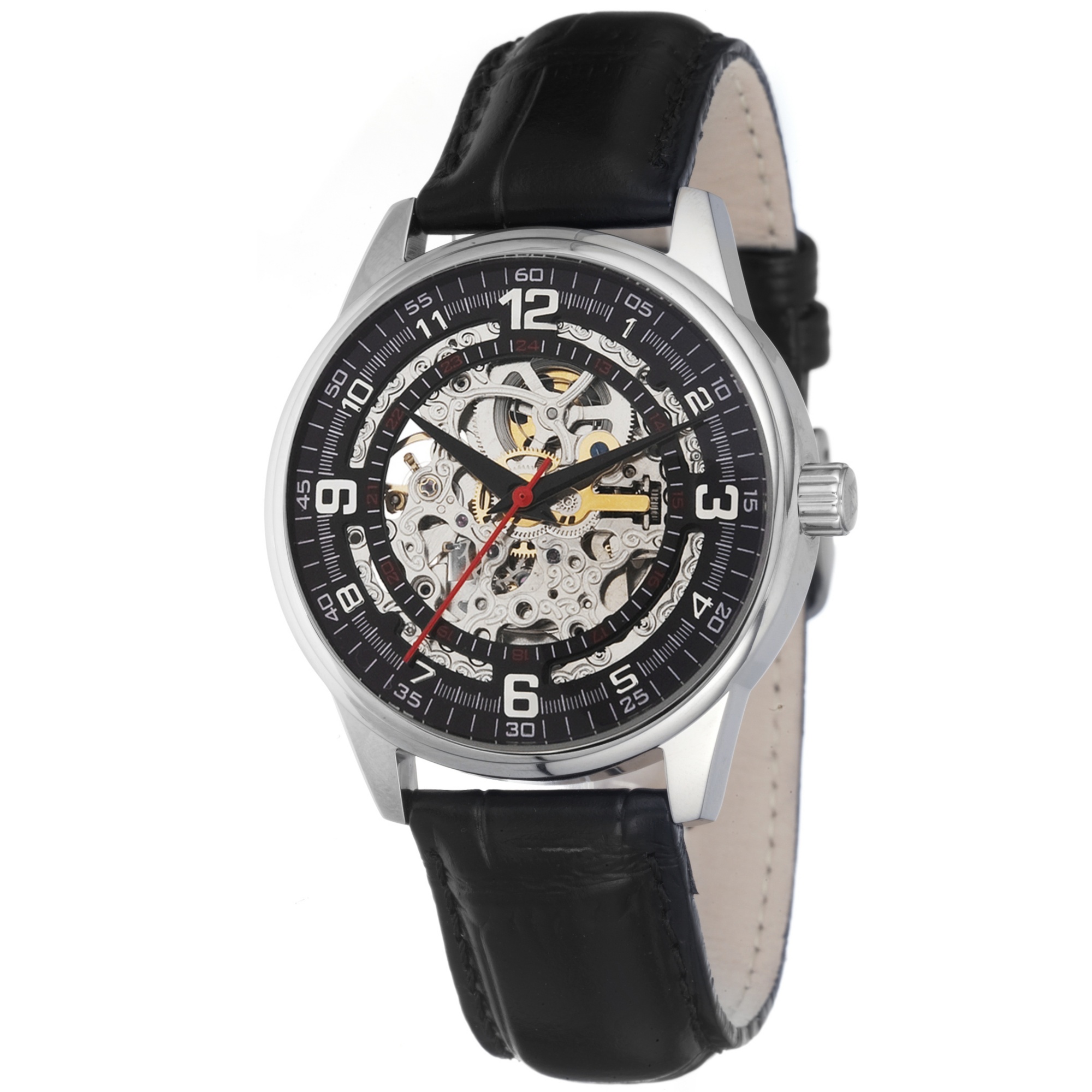 Men's Akribos XXIV Black Saturnos Skeleton Watch in Silvertone