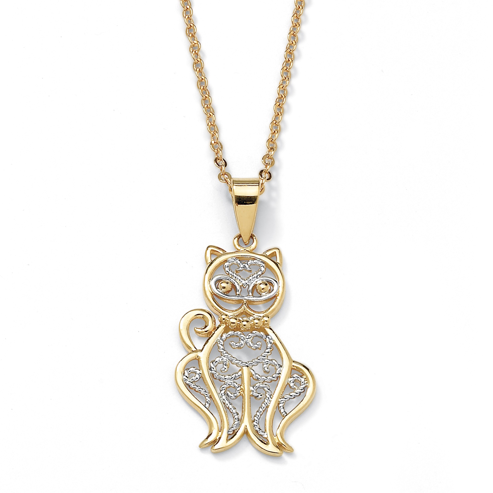 Filigree Cat Pendant and Chain in Tutone 18k Gold-Plated