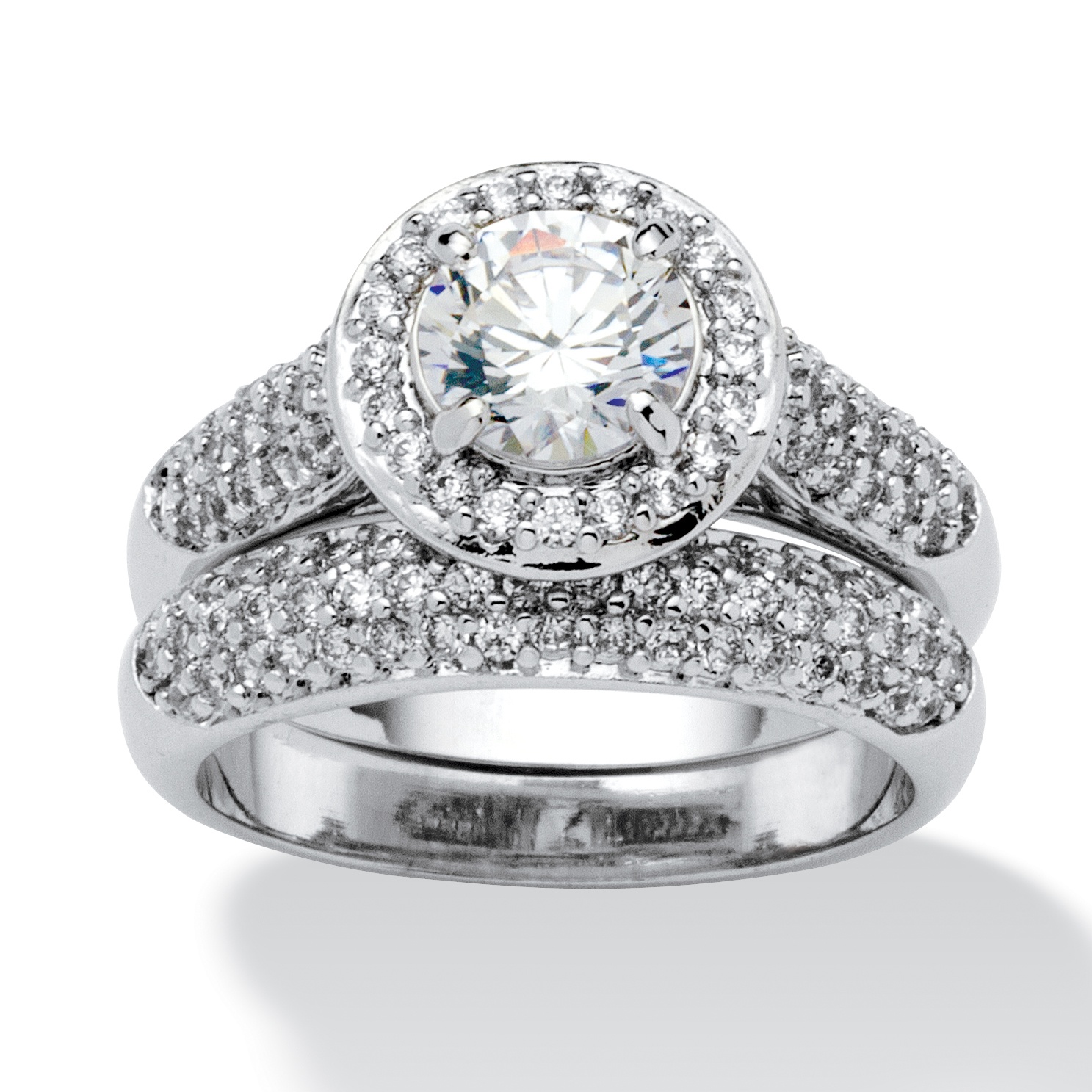 2.30 TCW Round Cubic Zirconia Pav&eacute; Platinum-Plated Bridal Engagement Ring Wedding Band Set