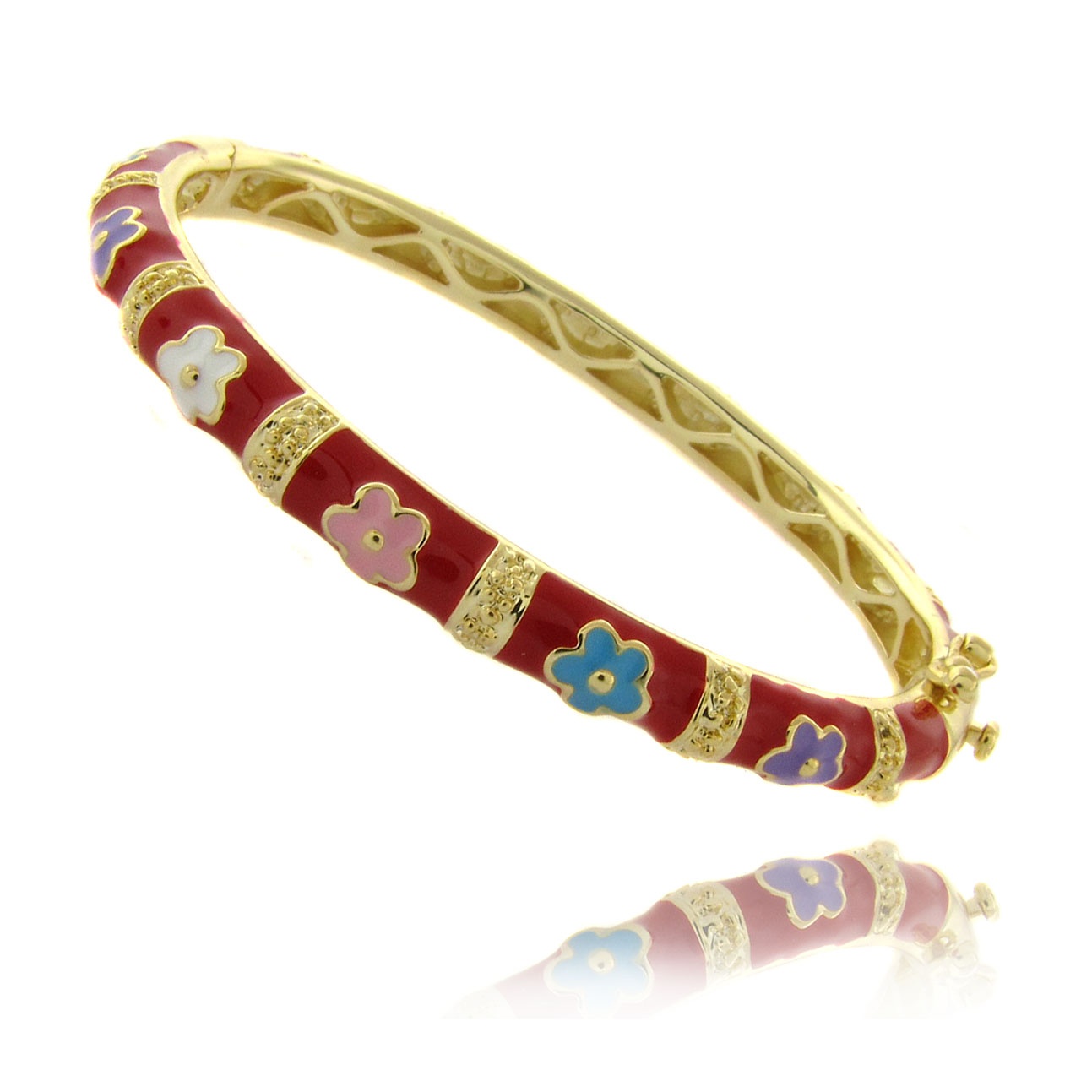 Children's Red Enamel Flower Bangle Bracelet in 18k Gold-Plated