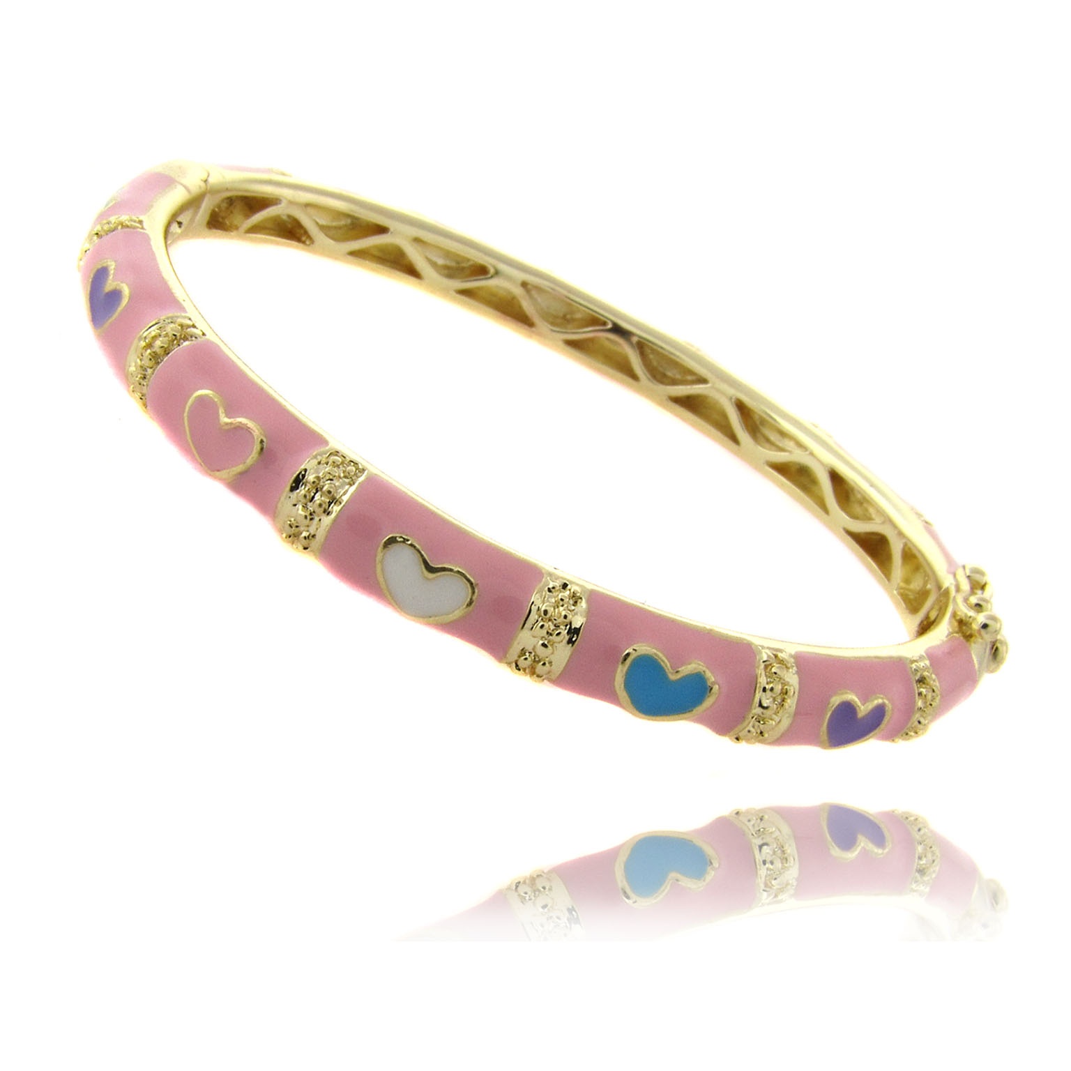 Children's Pink Enamel Heart Bangle Bracelet in 18k Gold-Plated