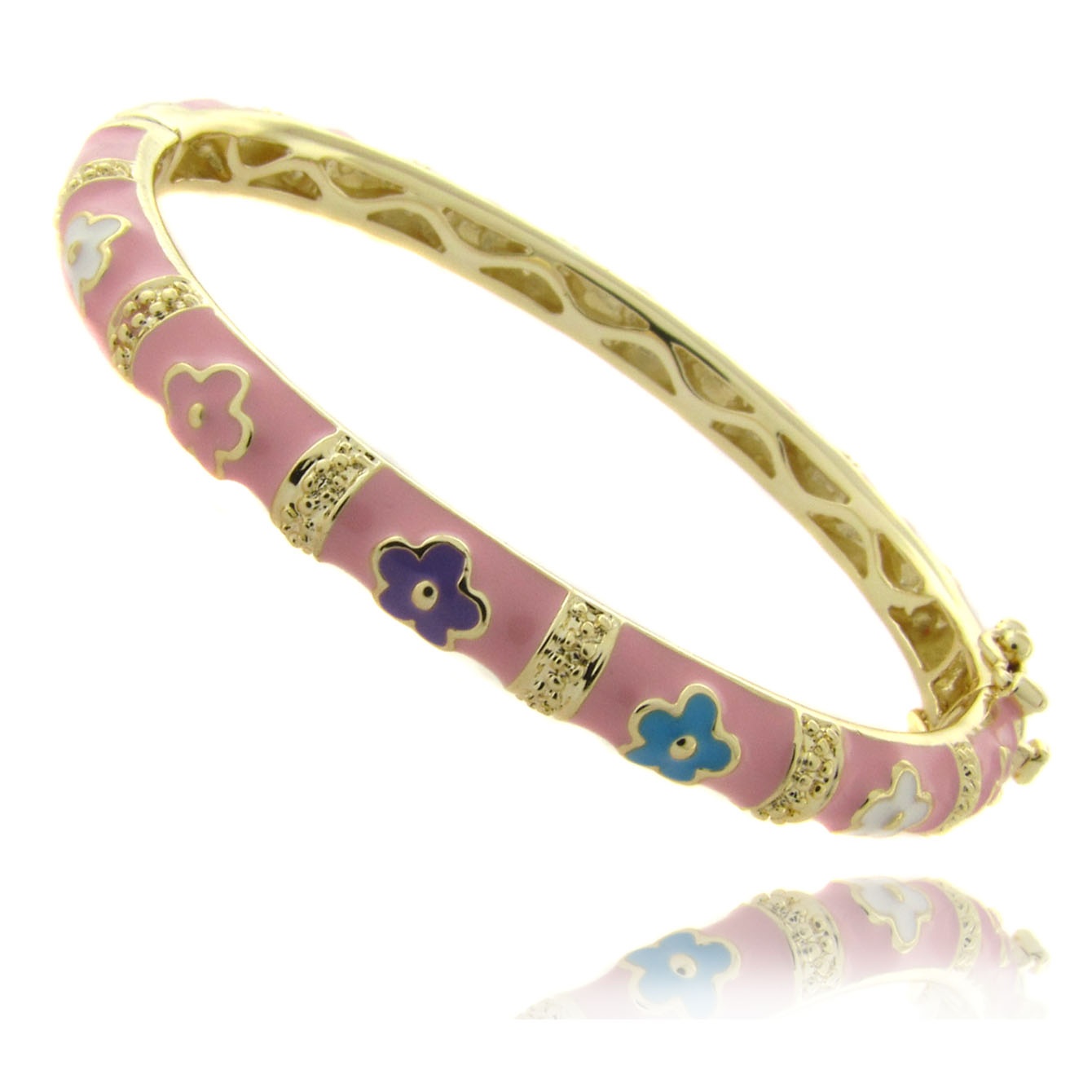 Children's Pink Enamel Flower Bangle Bracelet in 18k Gold-Plated
