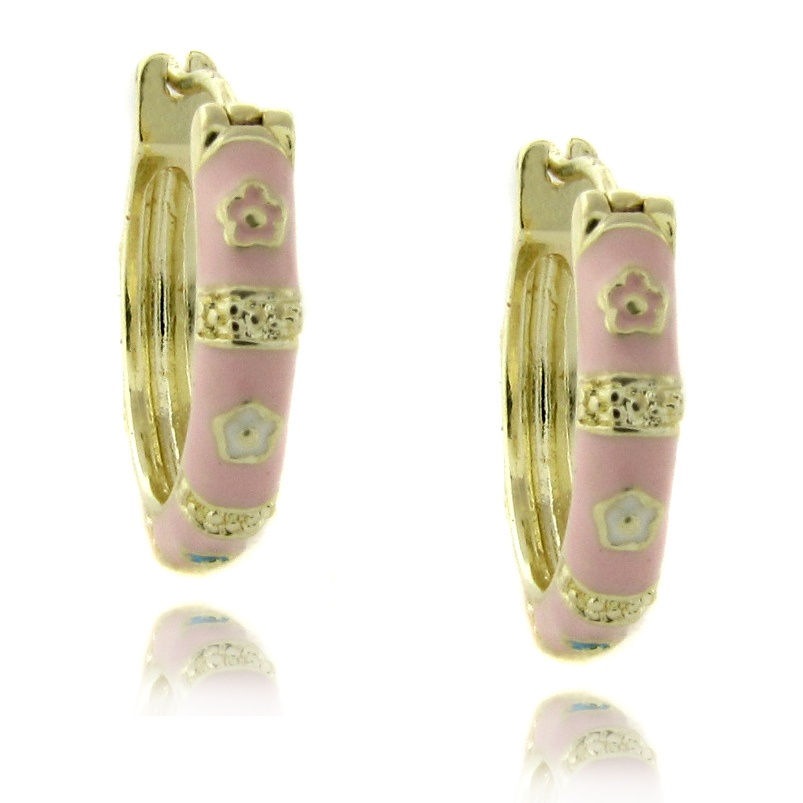 Children's Pink Enamel Flower Hoop Pierced Earrings in 18k Gold-Plated