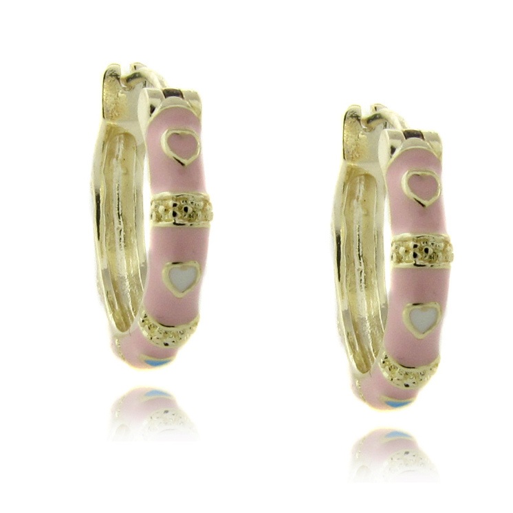 Children's Pink Enamel Heart Hoop Pierced Earrings in 18k Gold-Plated
