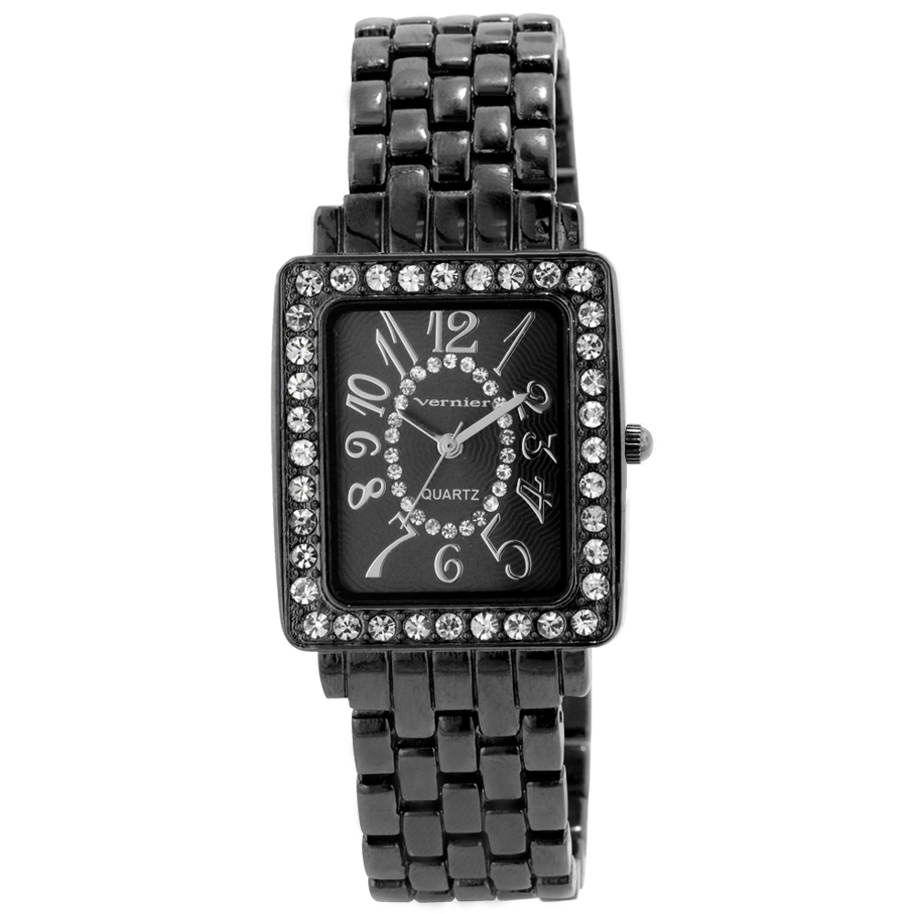 Vernier Crystal Panther-Link Rectangular Watch in Black Ruthenium Finish