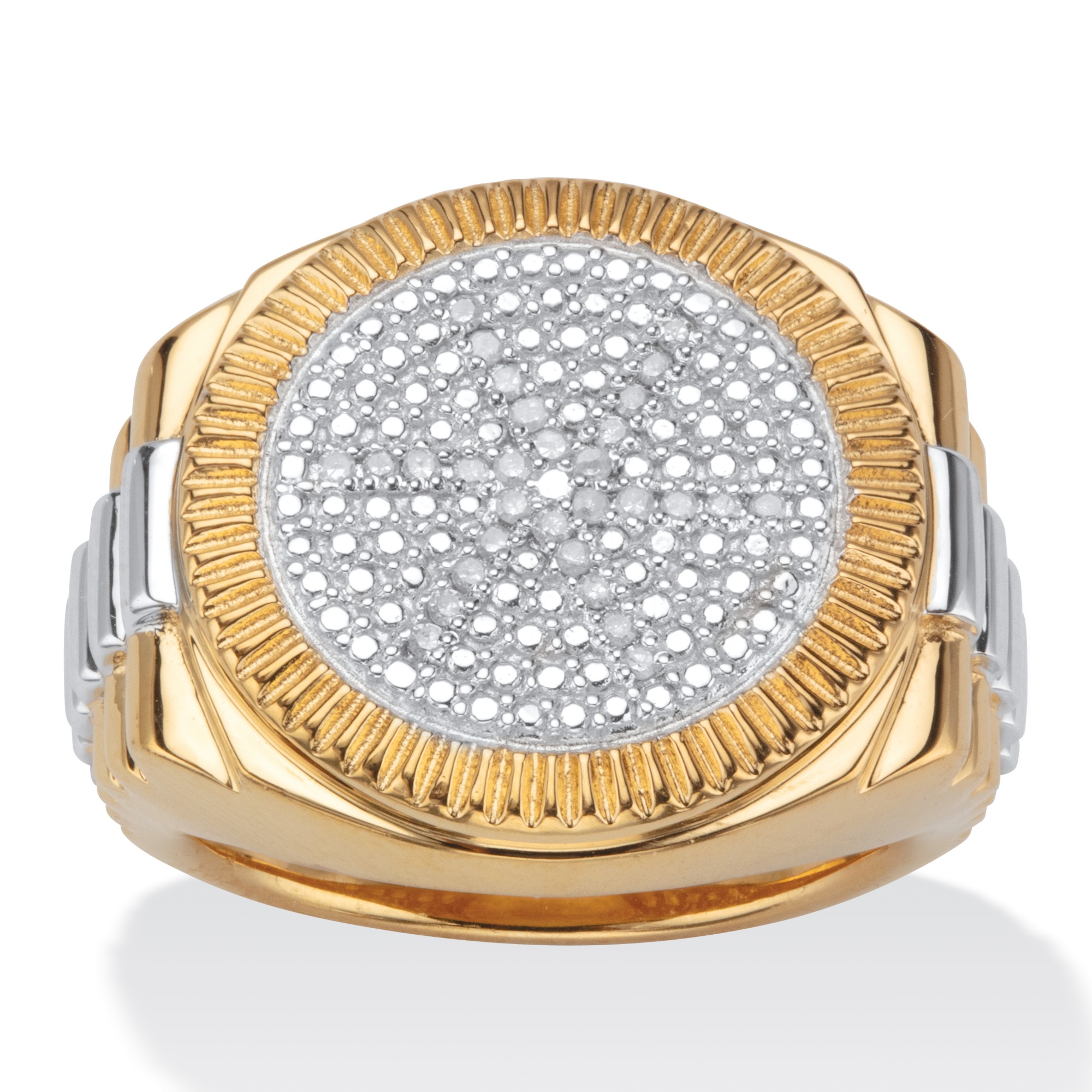 Men's 1/7 TCW Round Diamond Pav&eacute; 18k Yellow Gold Over Sterling Silver Two-Tone Ribbed Ring
