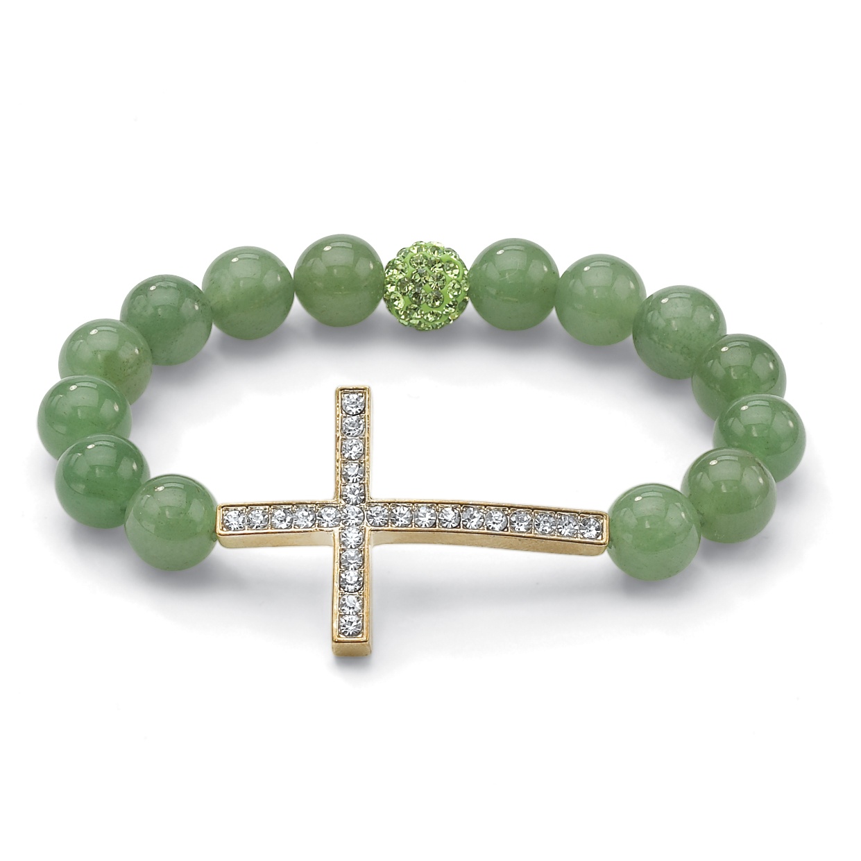 Crystal Horizontal Cross Green Jade and Green Crystal Stretch Bracelet in 14k...