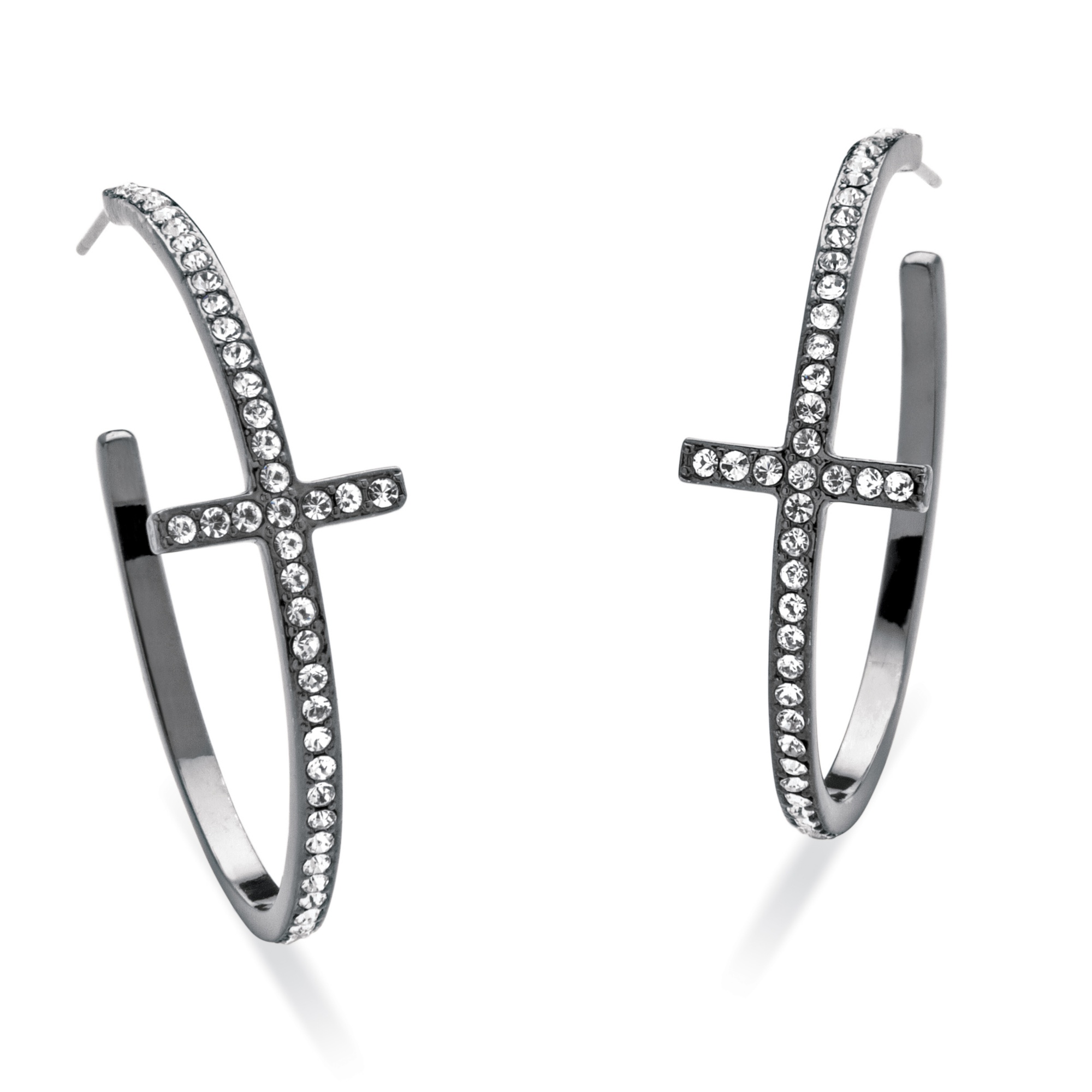 Round Crystal Black Ruthenium-Plated Curved-Cross Hoop Earrings 1 1/2