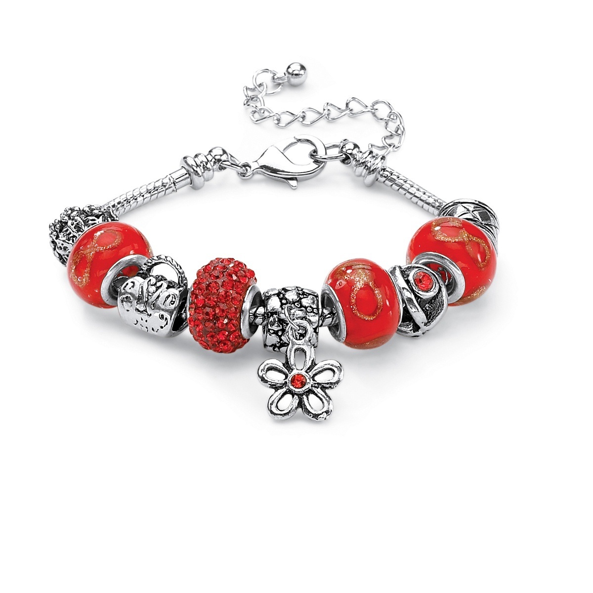 Round Birthstone-Color Crystal Silvertone Metal Bali-Style Beaded Charm and Spacer Bracelet 7"