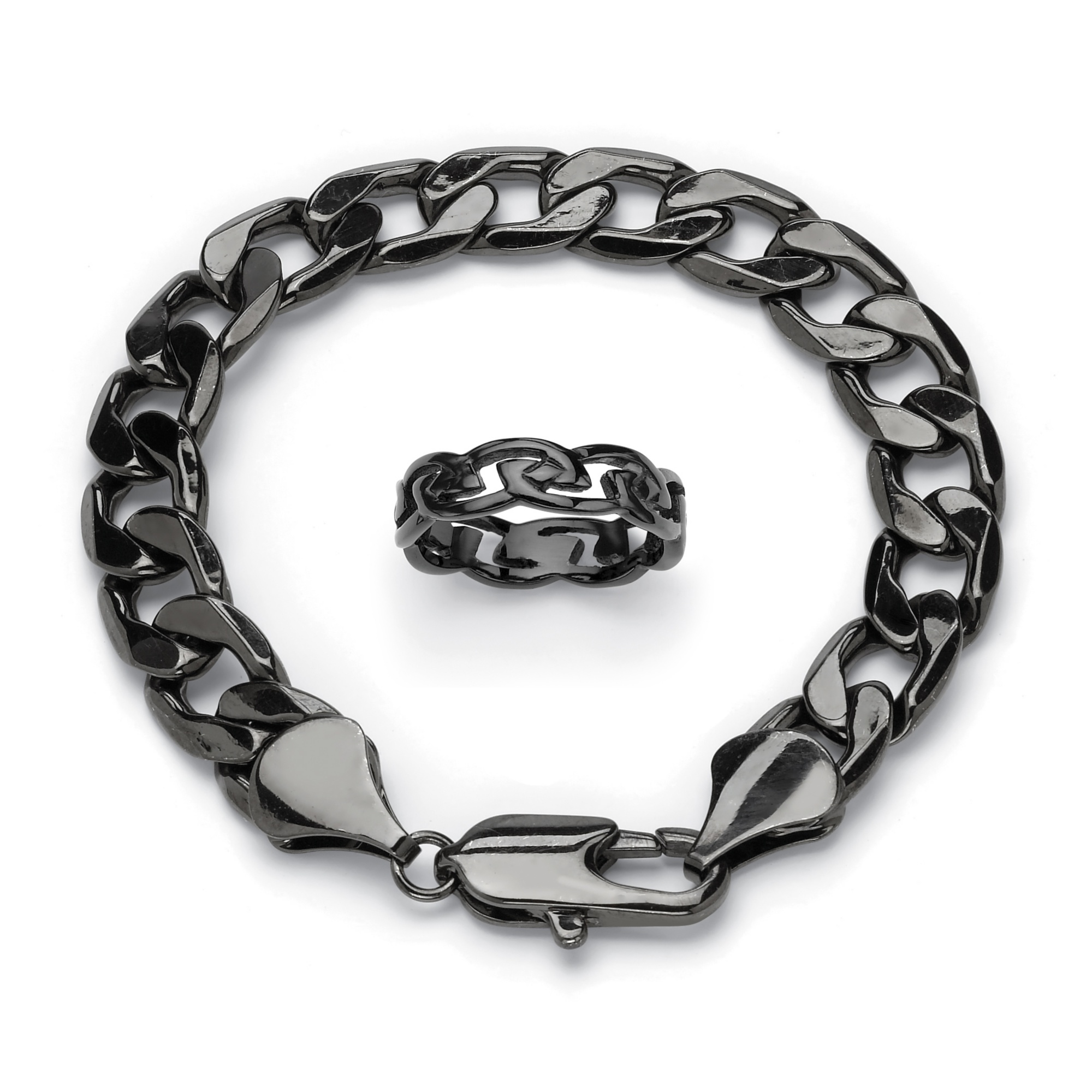 Men's Black ION-Plated Stainless Steel "Barbed Wire" Wedding Band and Curb-Link Chain Bracelet 9"