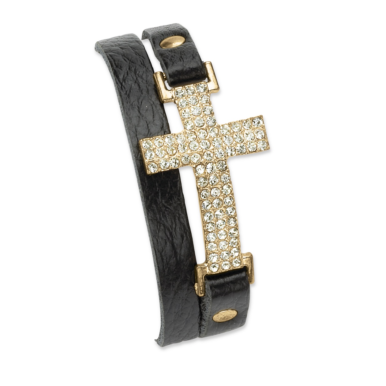 Crystal Accent Goldtone Metal Double-Wrap Leather Cross Bracelet Adjustable 6