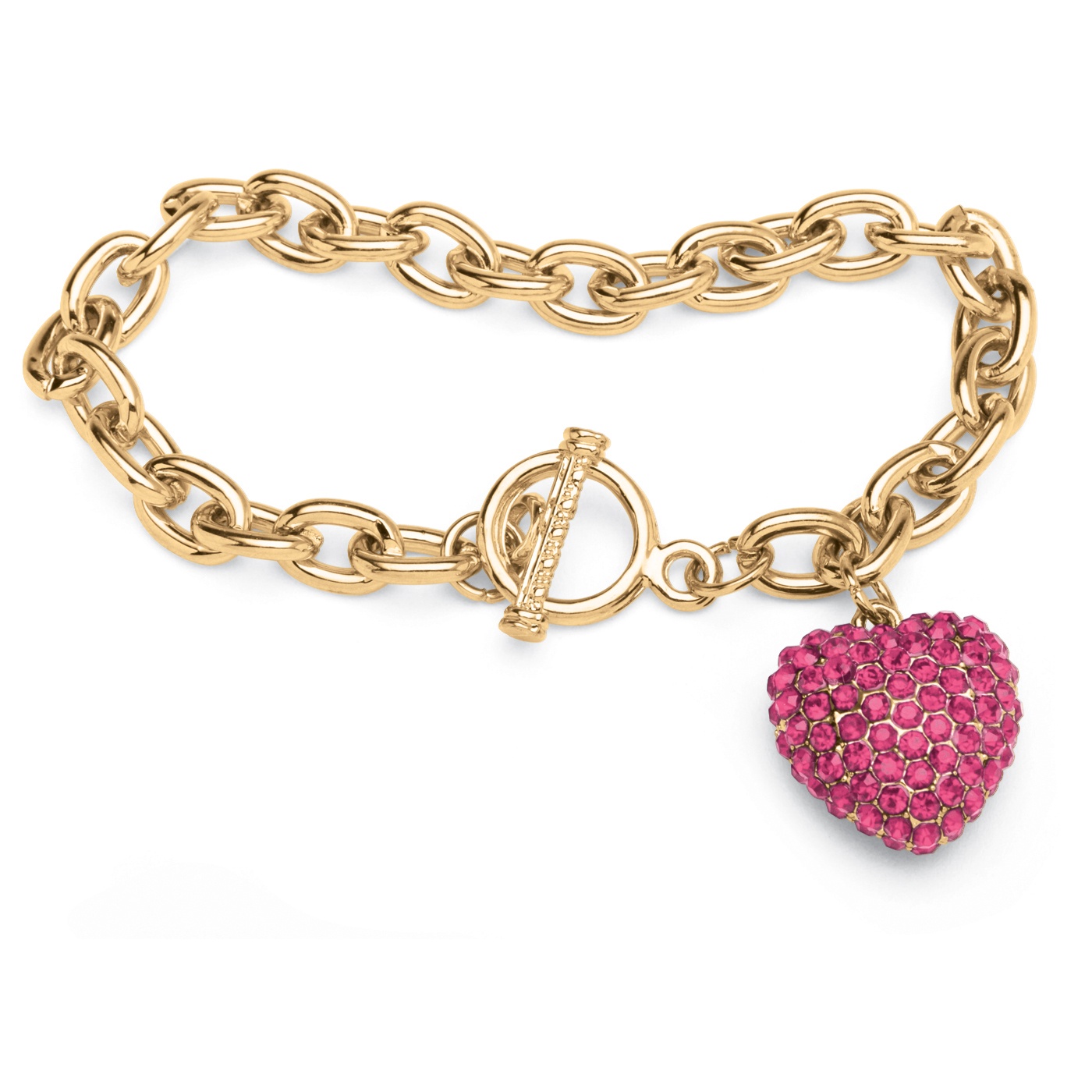 Crystal Heart Charm Birthstone Toggle Bracelet in Goldtone