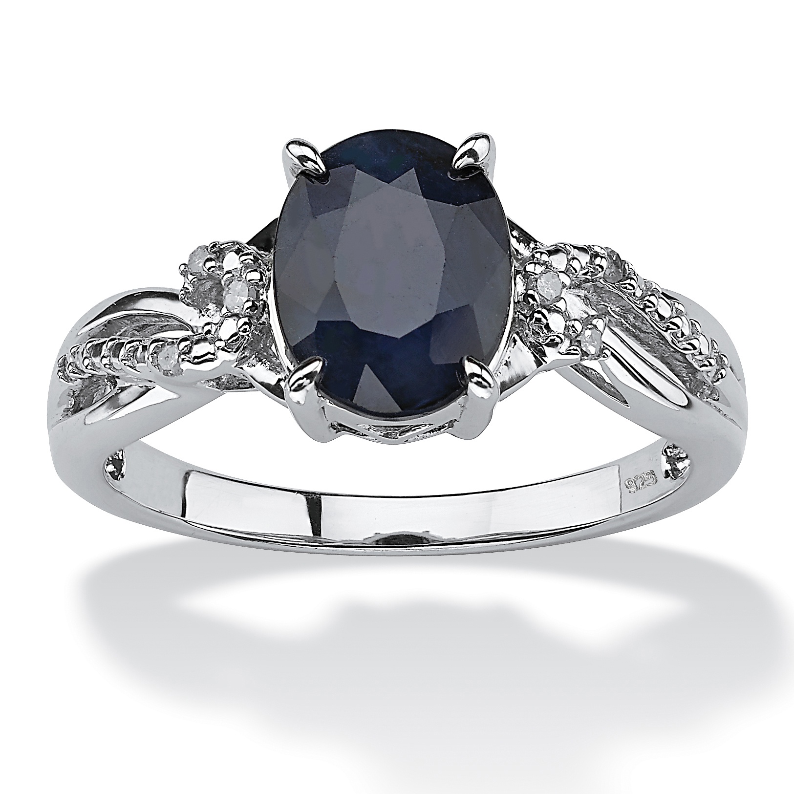 2.20 TCW Midnight Blue Oval-Cut Sapphire Ring With Diamond Accents in Platinum Over Sterling Silver