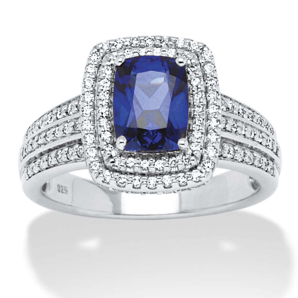 1.94 TCW Emerald-Cut Midnight Blue Sapphire and Round Cubic Zirconia Ring in Platinum over Sterling