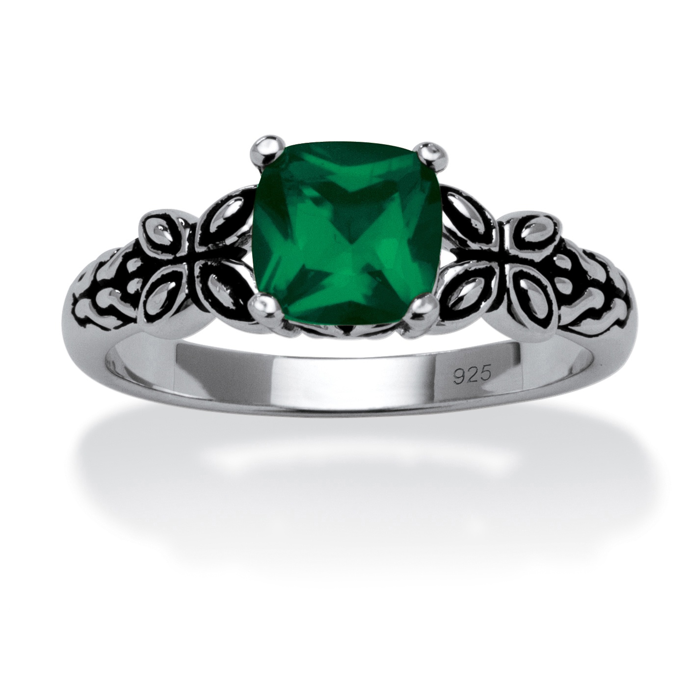 Cushion-Cut Simulated Birthstone Ring in Antiqued Sterling Silver