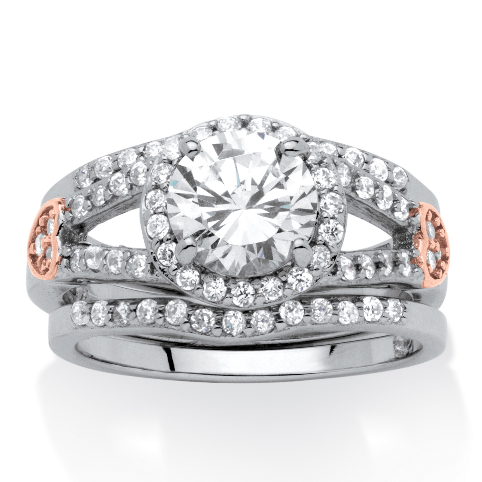 3 Piece Bridal Set 1.93 TCW Round Cubic Zirconia and Pink CZ in Platinum Over Sterling Silver