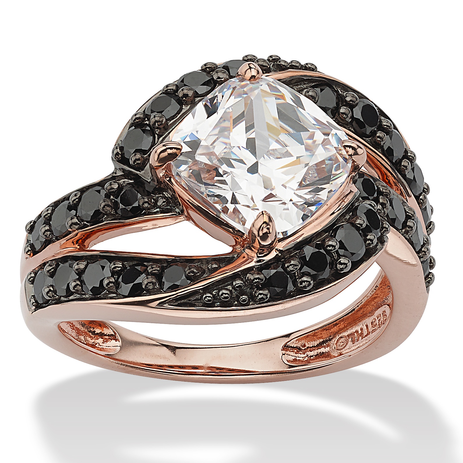 2.45 TCW Cushion-Cut Cubic Zirconia and Black CZ Ring in Rose Gold Over Sterling Silver