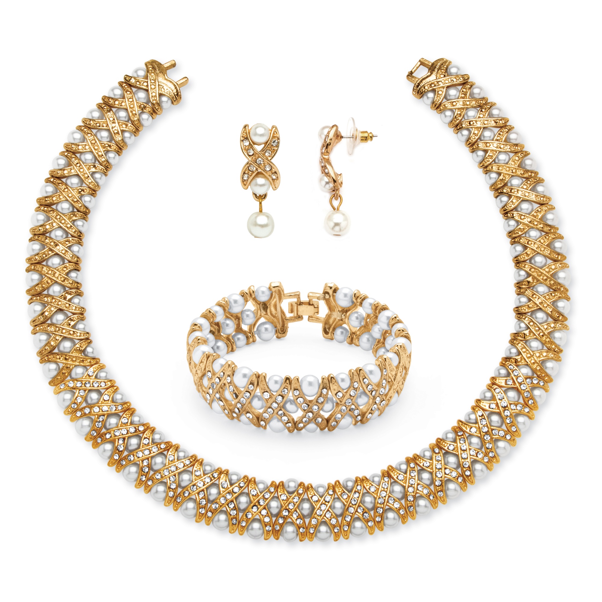 3 Piece Simulated Pearl and Crystal Jewelry Set in Goldtone