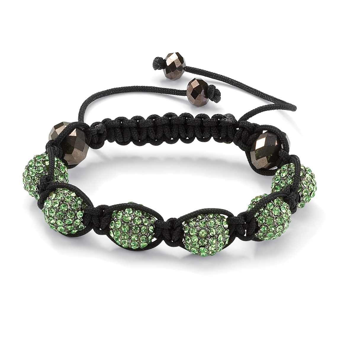 Round Green Crystal Glass Accent Black Macrame Rope Multi-Crystal Ball Tranquility Bracelet 8"
