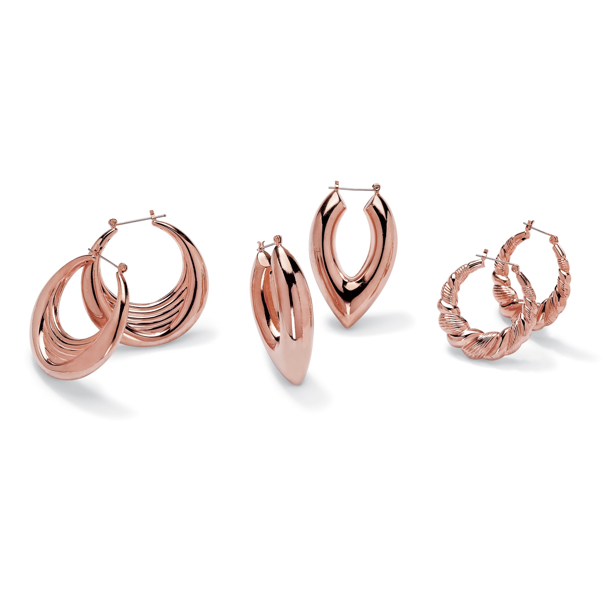 Set of 3 Pairs of Hoop Earrings in Rose Gold-Plated