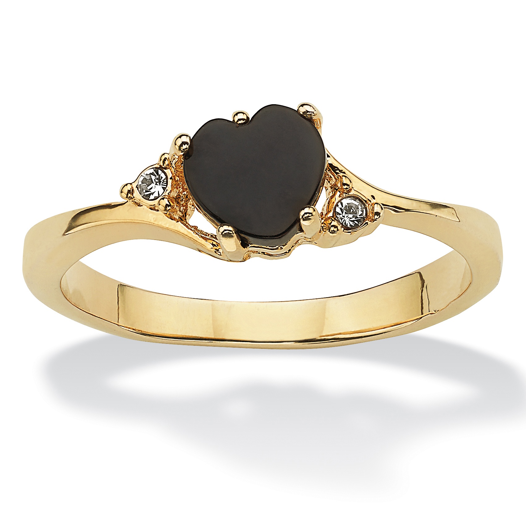 14k Gold-Plated Heart-Shaped Onyx and Crystal Ring