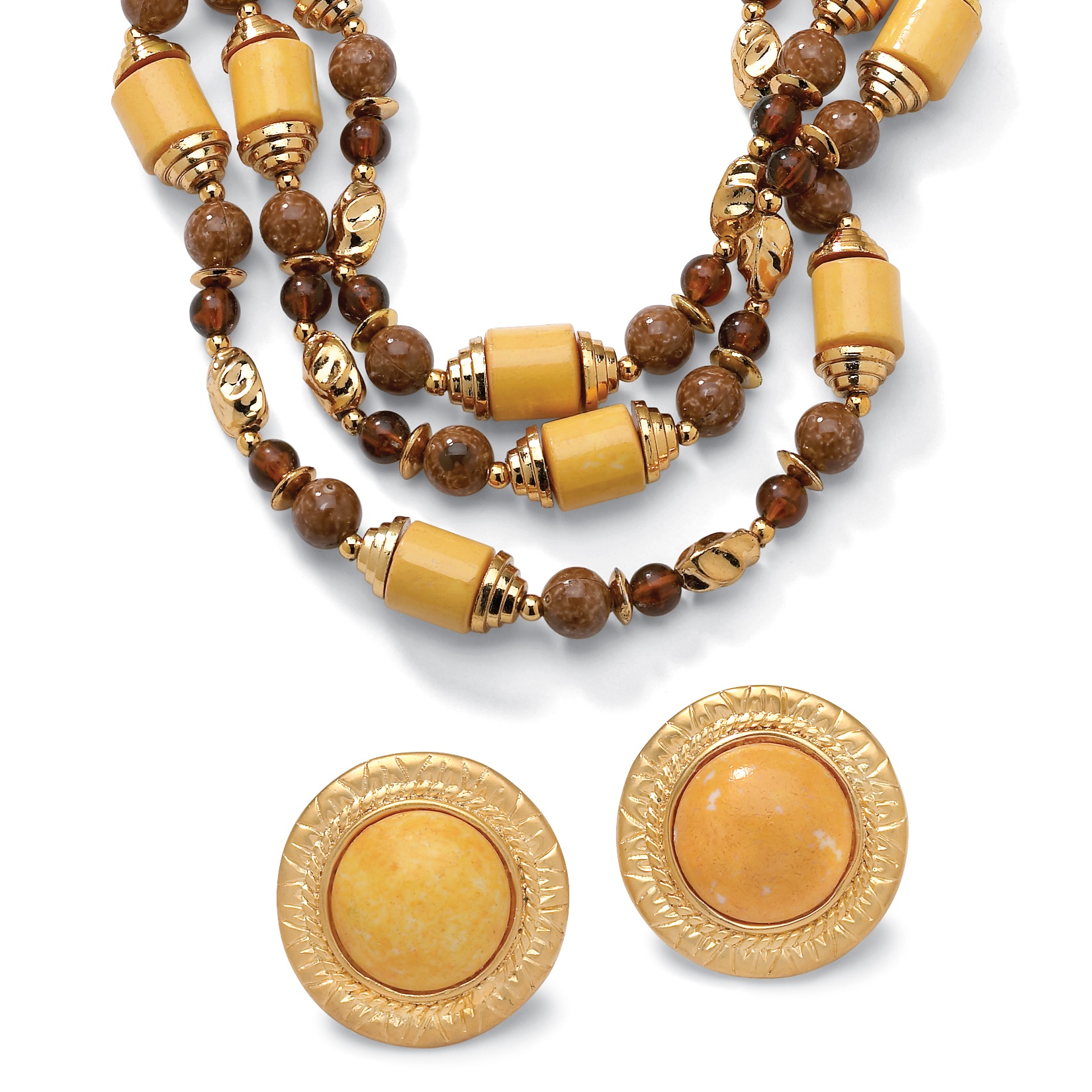 14k Gold-Plated Brown and Tan Necklace and Clip-On Earring Set