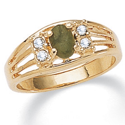 14k Gold-Plated Green Jade and Crystal Ring
