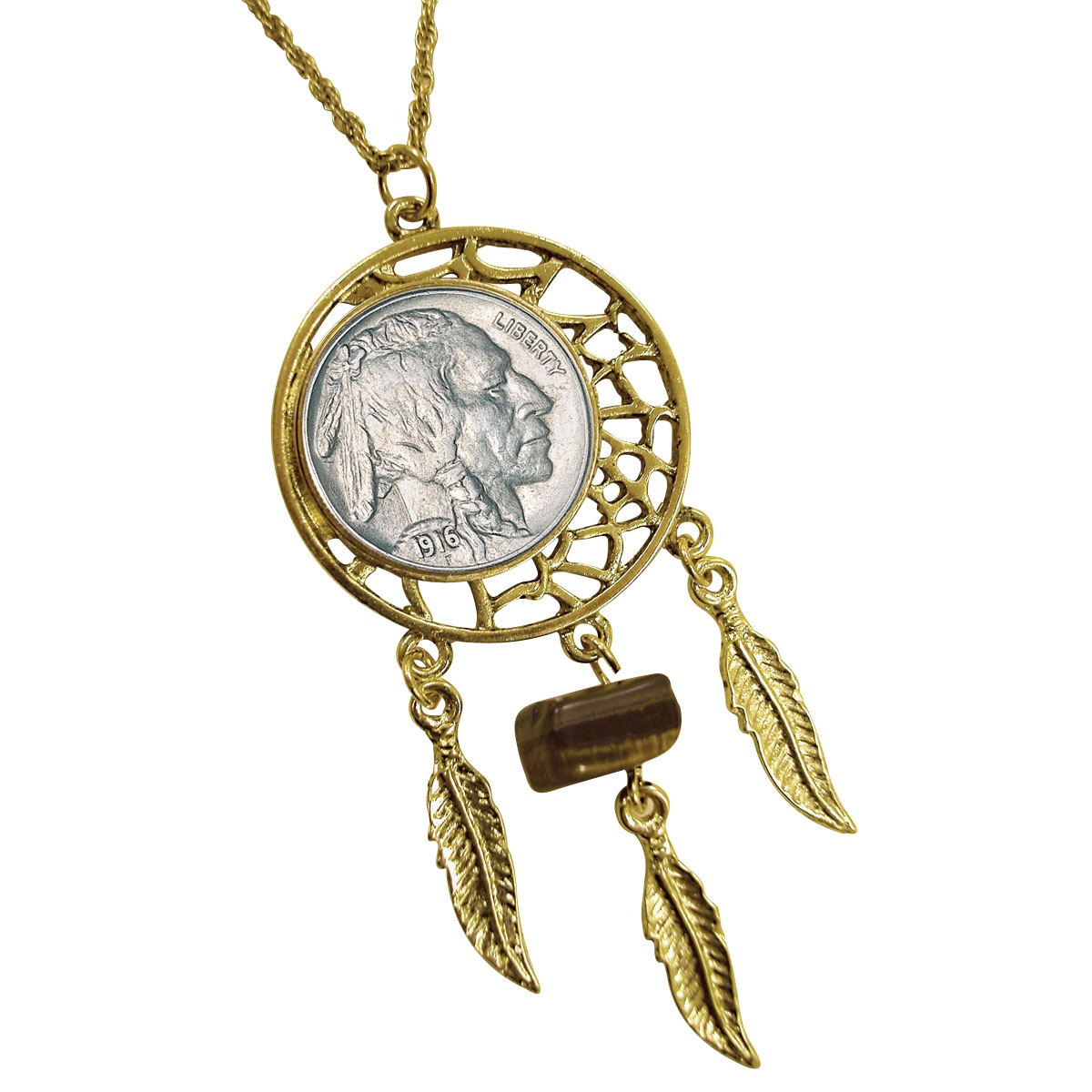 Buffalo Nickel Gold Tone Dream Catcher Pendant with Tiger Eye Stone with ...