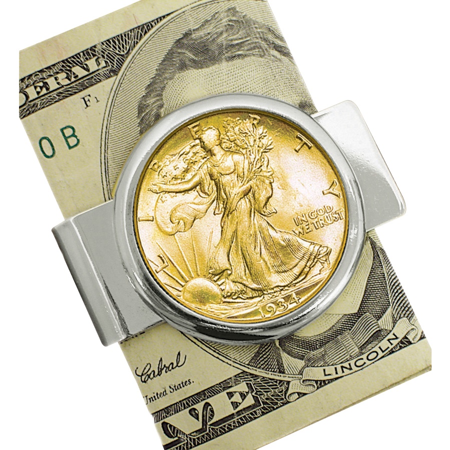 Silvertone Moneyclip with Silver Walking Liberty Half Dollar Layered in Pure ...
