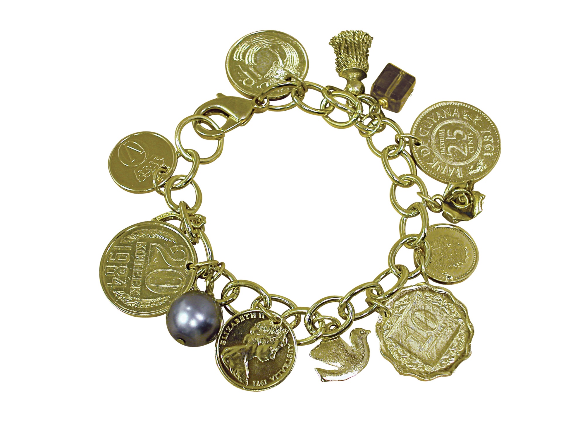 Gold-Layered Foreign Coins Charm Bracelet Coin Jewelry