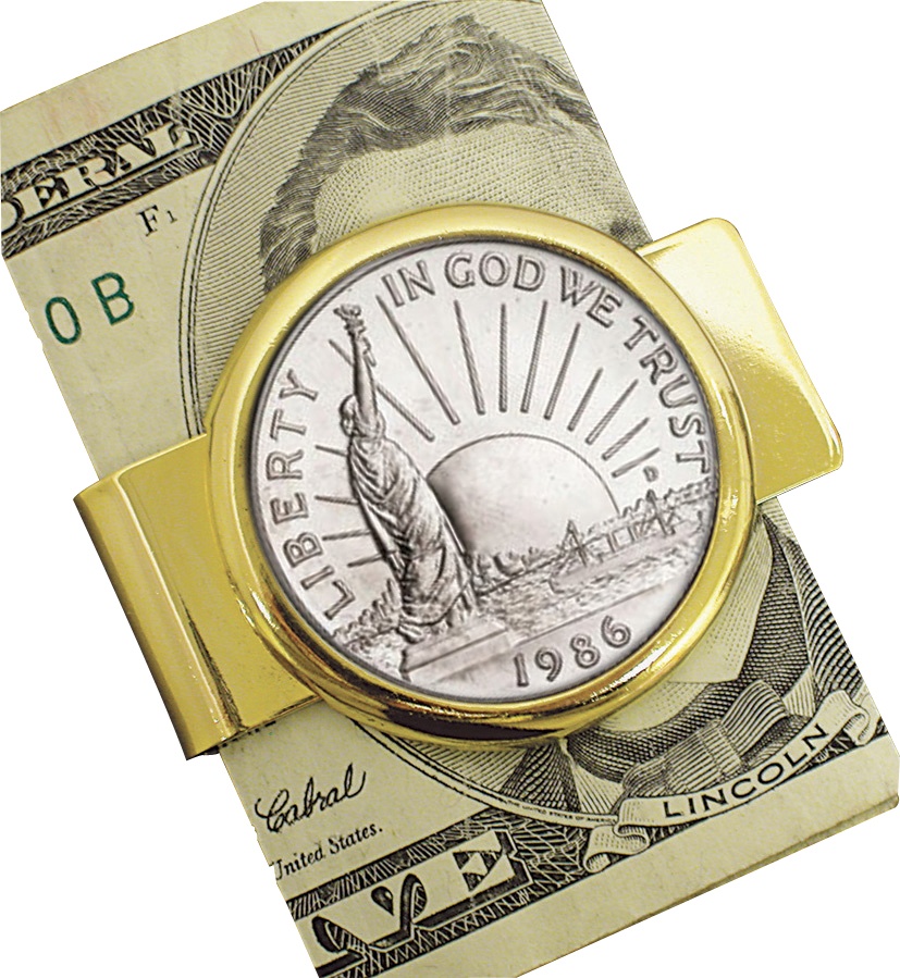 1986 Statue of Liberty Commemorative Half Dollar Coin in Goldtone Money Clip ...