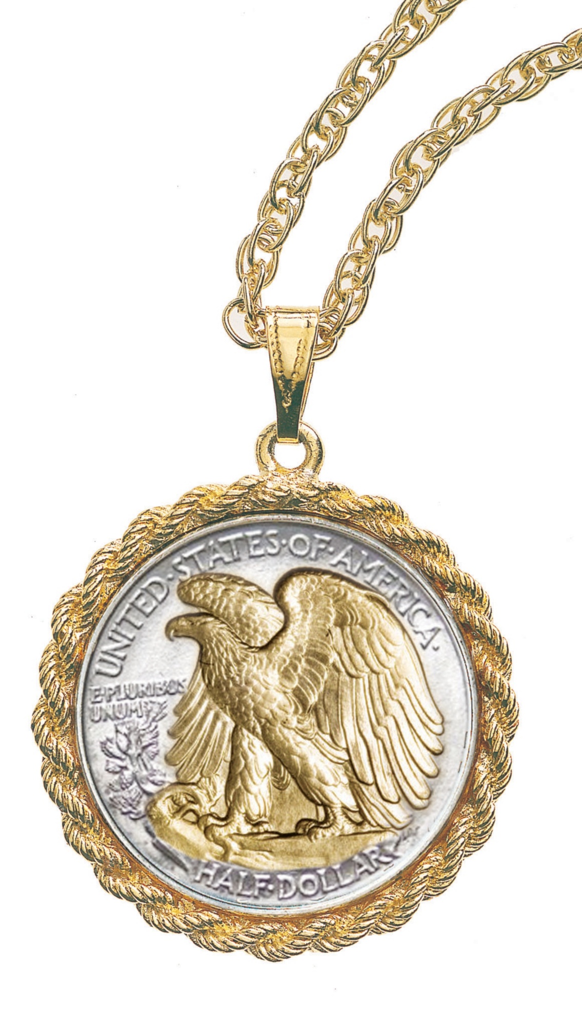 Selectively Gold-Layered Silver Walking Liberty Half Dollar Rope Coin Pendant...